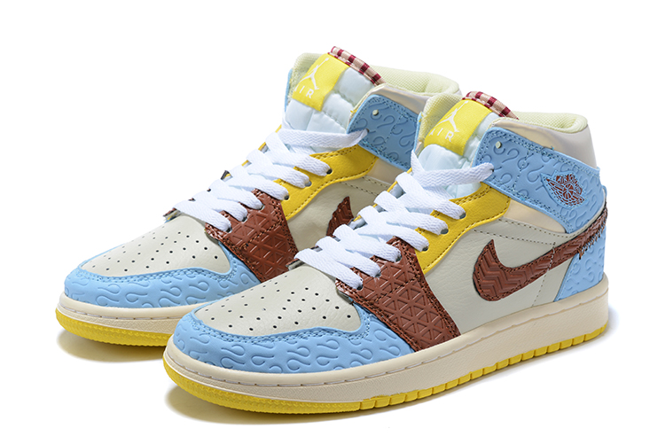 Men Air Jordan 1 Mid White Baby Blue Yellow Brown Shoes - Click Image to Close